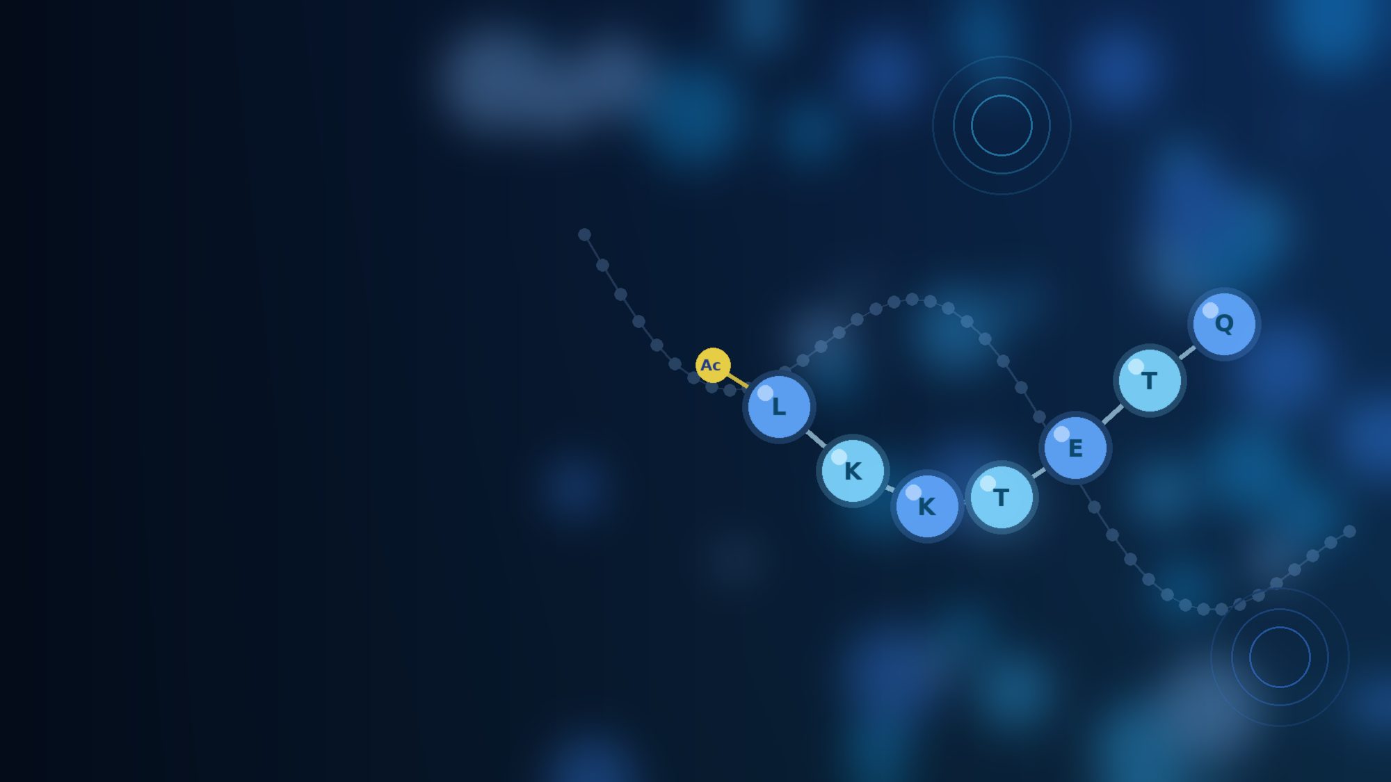 Blue illustration of a seven-bead peptide chain with an acetyl cap in front of a faint longer protein chain